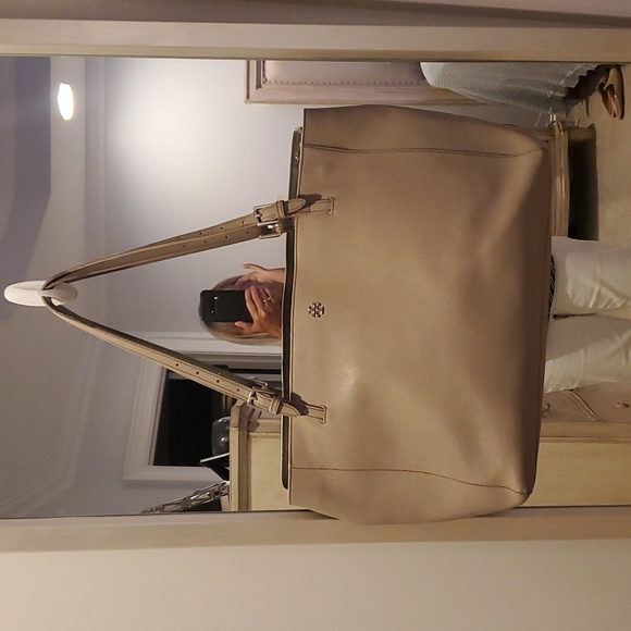 Tory Burch Saffiano Taupe Leather Tote Bag (#17) - Picture 1 of 15